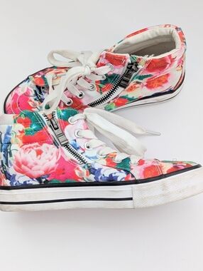 Girls' (Size 1) Floral Canvas High-Top Sneakers/Shoes w/Laces & Side Zippers